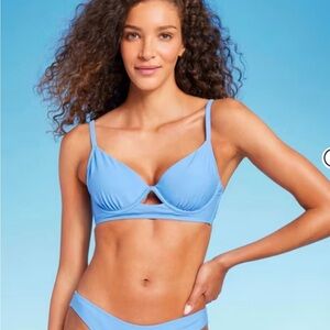 NWT Shade & Shore Bikini Top Plunge Underwire Push Up Light Blue, Size 34DD